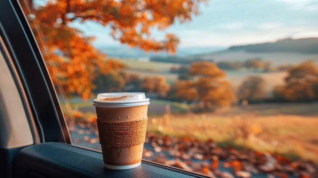 A cozy coffee cup by a car window with a stunning autumn landscape in the backdrop, showcasing vibrant fall colors and scenic beauty.