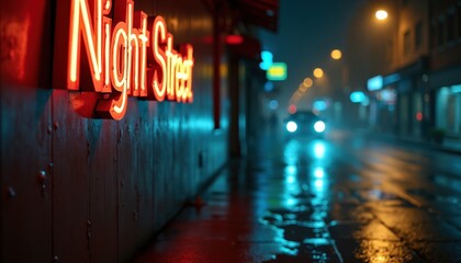 Fototapeta premium Une rue baignée de néons publicitaires projette des ombres colorées sur les murs, plongeant la nuit dans une atmosphère moderne et électrique, tout en restant mystérieuse.
