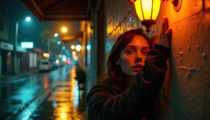 D&eacute;tendue, une jeune femme se prom&egrave;ne dans une rue calme sous un ciel &eacute;toil&eacute;, les n&eacute;ons cr&eacute;ant une atmosph&egrave;re douce et tranquille autour d'elle.