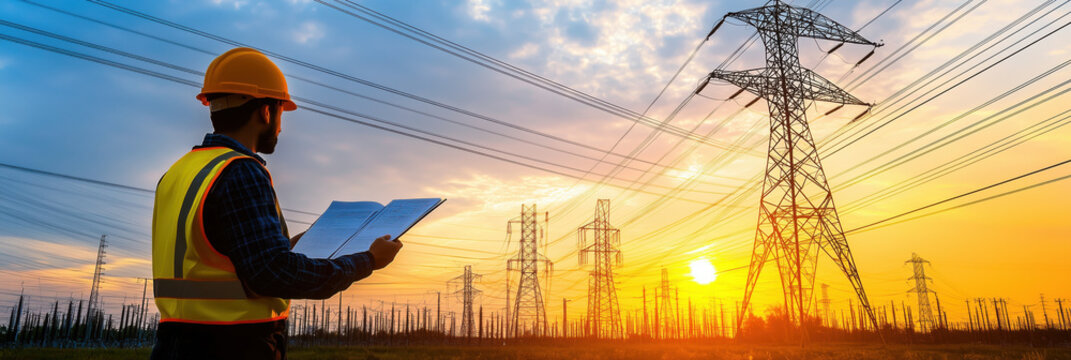 Inspecting high voltage power lines at sunset, safety conscious engineer reviews plans