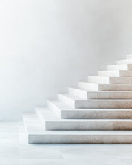 Elegant white marble stairs leading upward in a minimalistic modern interior space with soft lighting