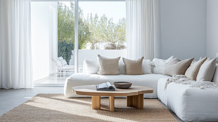 Modern living room with soft neutral colors, elegant furnishings, and natural light from large windows in a serene coastal home