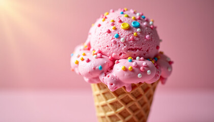 Close-Up of Pink Ice Cream Cone with Sprinkles