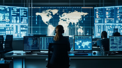 A woman is sitting at a computer desk with a monitor in front of her