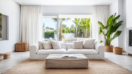 Modern living room with large windows and tropical plants in a serene coastal setting during daylight hours