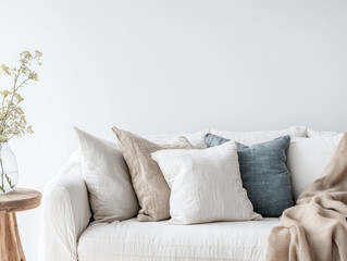 Cozy living room setting with soft pillows on a white sofa and a decorative side table with flowers