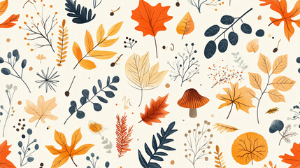 Fototapeta premium Autumn seamless pattern with different leaves and plants, seasonal colors