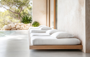 Cozy outdoor seating area with minimalistic cushions overlooking a serene landscape on a sunny day