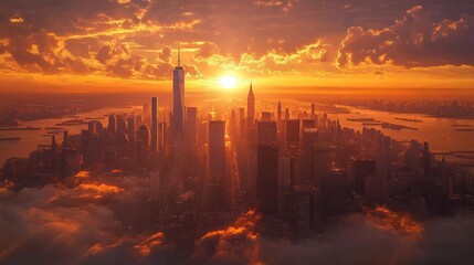 Fototapeta premium The breathtaking sight of the rising sun illuminating the sky and the city s skyline offers an incredibly stunning view at dawn