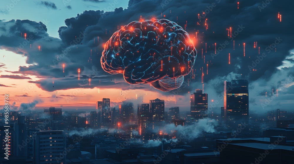Leinwandbilder An illustration of an AI brain hovering above a city, with dark clouds swirling and glowing data streams flowing from it, creating an exciting yet fearful scene.