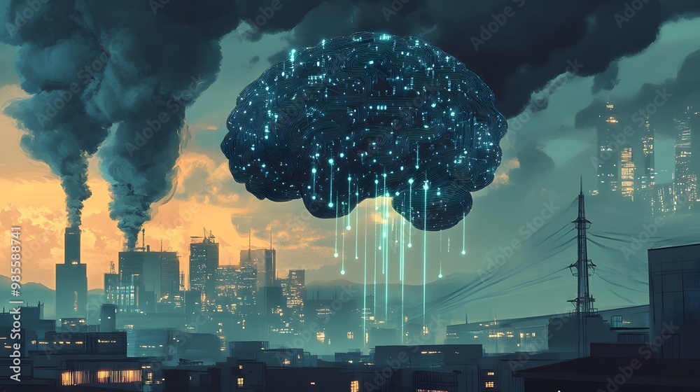 Fototapete An illustration of an AI brain hovering above a city, with dark clouds swirling and glowing data streams flowing from it, creating an exciting yet fearful scene.