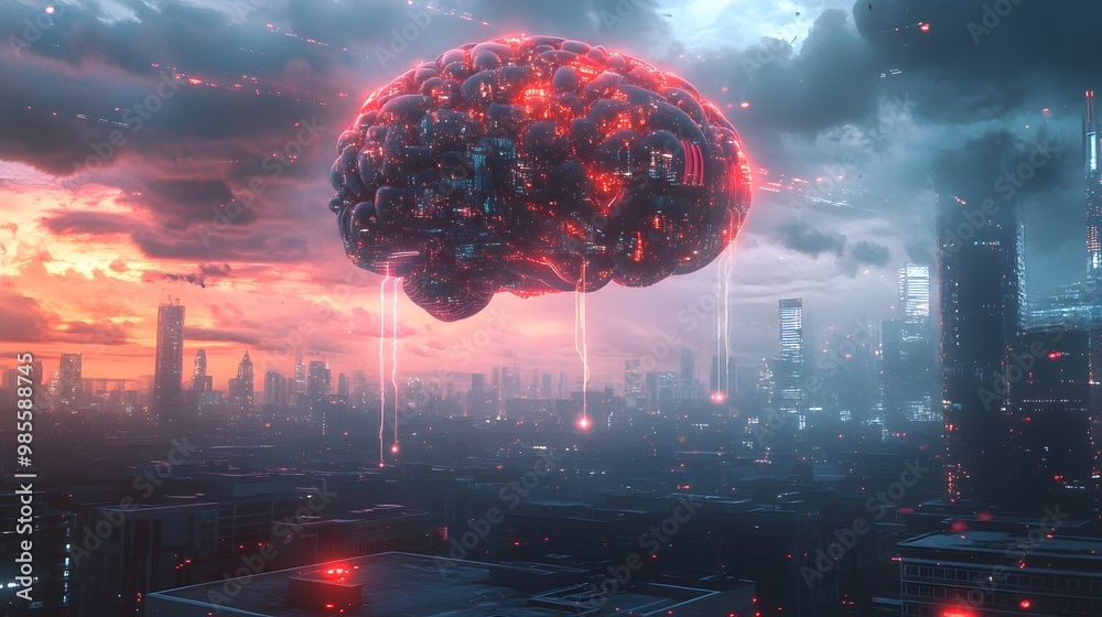Aufkleber An illustration of an AI brain hovering above a city, with dark clouds swirling and glowing data streams flowing from it, creating an exciting yet fearful scene.