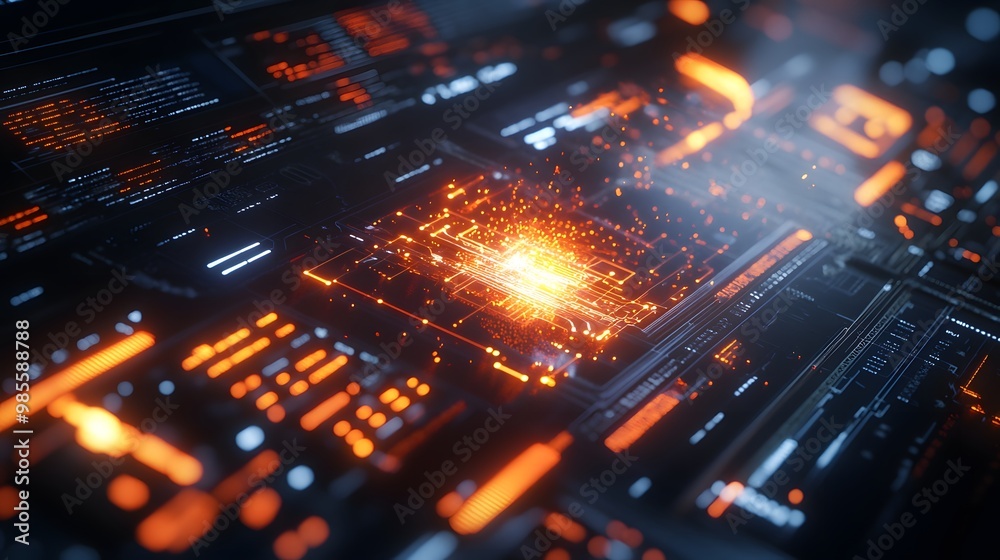 Aufkleber A close-up of a digital screen showing an AI system gaining control over global systems, with bright flashes of light and ominous data patterns creating a sense of fear and thrill.