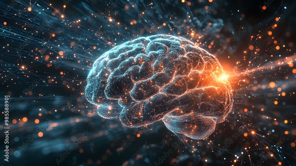 Fototapete an abstract illustration of an ai brain expanding rapidly, with bright lights flashing as it takes o