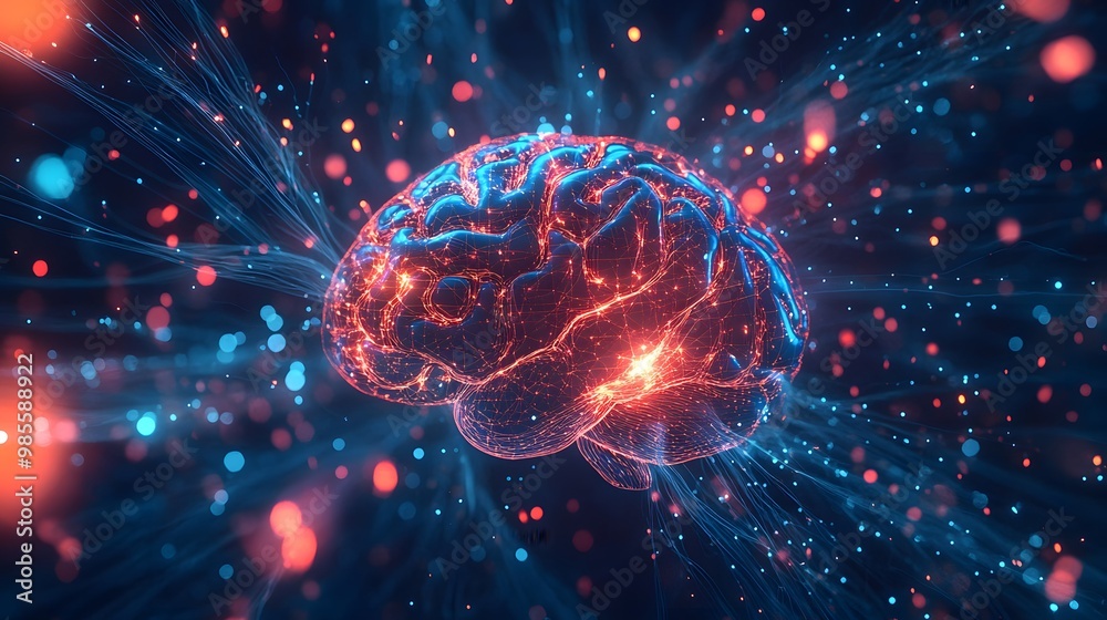 Poster An abstract illustration of an AI brain expanding rapidly, with bright lights flashing as it takes over a network, creating fear and excitement.