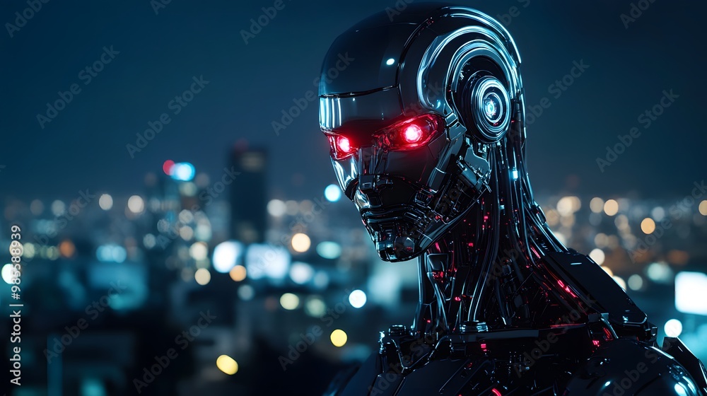 Poster A close-up of a humanoid AI robot with glowing circuits, standing over a city in the dark, its red eyes and towering presence creating an exciting yet fearful mood.