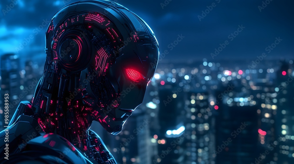 Poster a close-up of a humanoid ai robot with glowing circuits, standing over a city in the dark, its red e