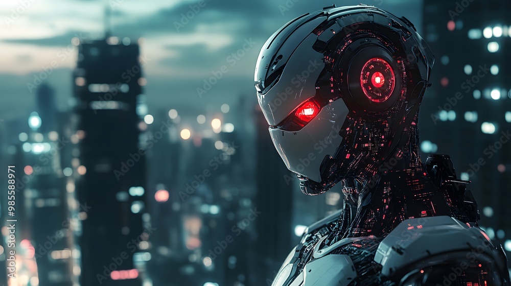 Poster a close-up of a humanoid ai robot with glowing circuits, standing over a city in the dark, its red e