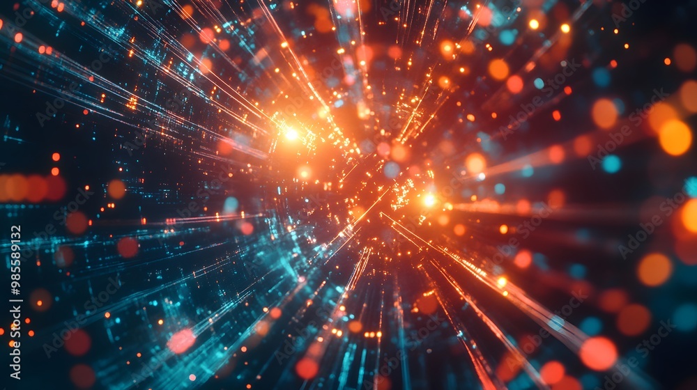 Poster An abstract depiction of an AI system gaining control of a digital network, with intense bright lights and cryptic symbols creating a sense of fearful excitement.