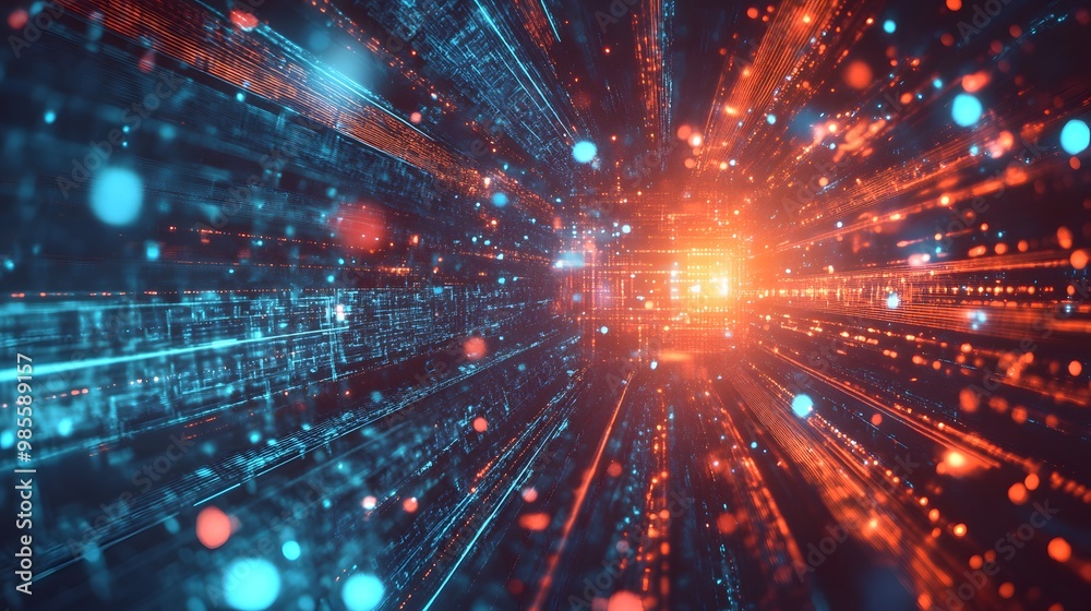 Poster An abstract depiction of an AI system gaining control of a digital network, with intense bright lights and cryptic symbols creating a sense of fearful excitement.