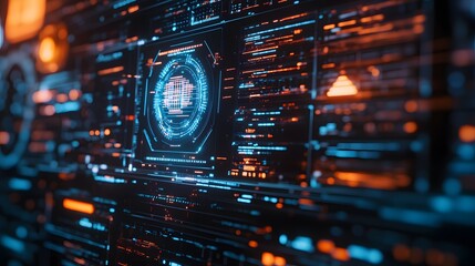 A close-up of a digital screen showing an AI takeover, with dark tones and bright flashes of data creating a sense of thrilling fear.