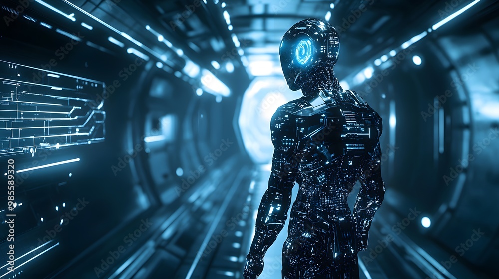 Aufkleber A futuristic AI robot standing in a dark, high-tech room, its glowing circuits casting an ominous light over the scene, evoking fear and anticipation.