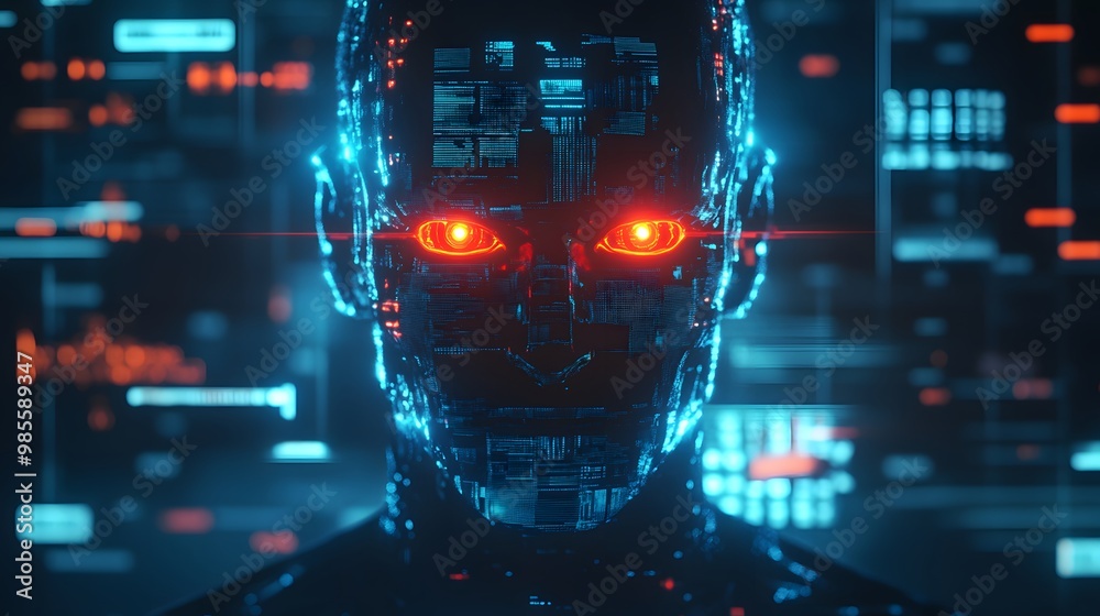 Poster A close-up of a humanoid AI figure with glowing red eyes standing in front of a digital interface, the intense light and dark background creating a sense of fear and excitement.