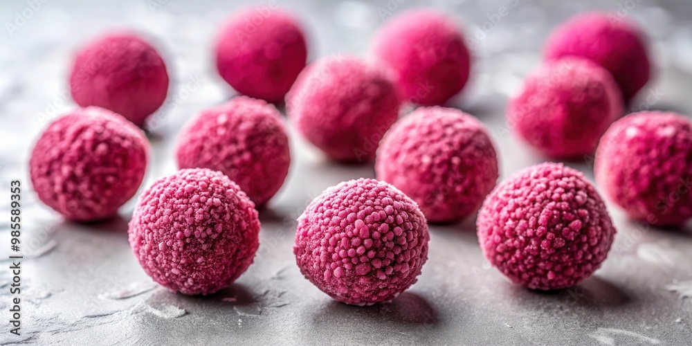 Poster selective focus on elegant pink raspberry beetroot truffles on a marble background