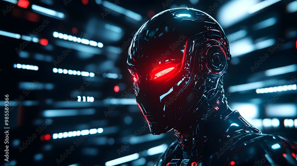 Poster A close-up of a humanoid AI figure with glowing red eyes standing in front of a digital interface, the intense light and dark background creating a sense of fear and excitement.