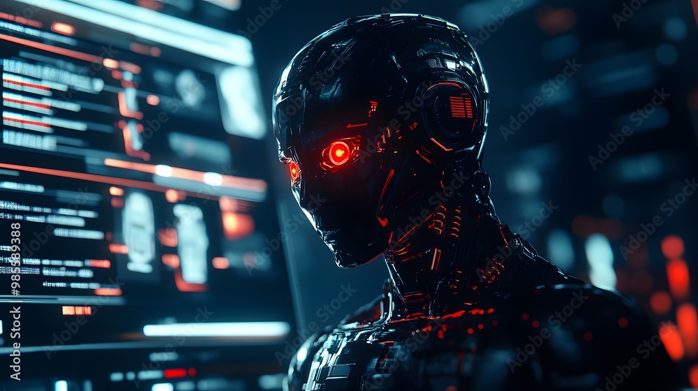 Poster A close-up of a humanoid AI figure with glowing red eyes standing in front of a digital interface, the intense light and dark background creating a sense of fear and excitement.