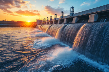 Dam on the river with water gushing out at sunset,Generative AI