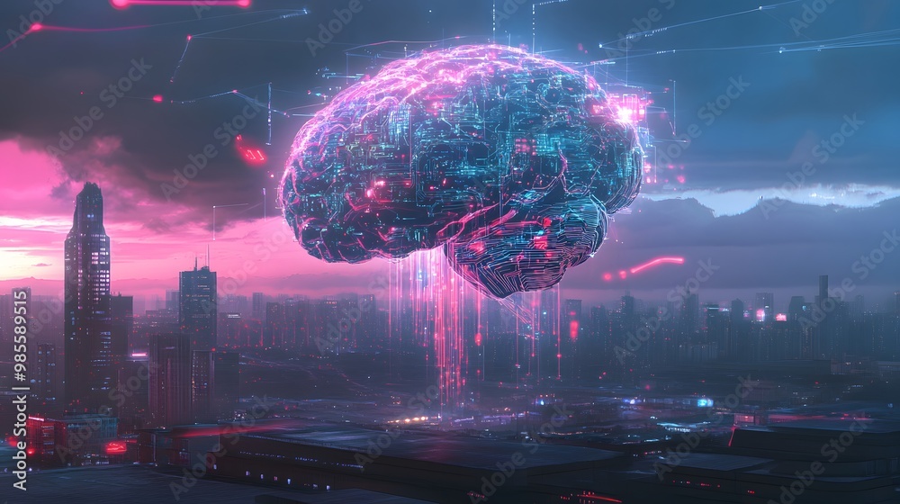 Aufkleber An illustration of a giant AI brain made of circuits hovering over a city, with data streams flowing from it, creating a visually exciting but fear-inducing atmosphere.