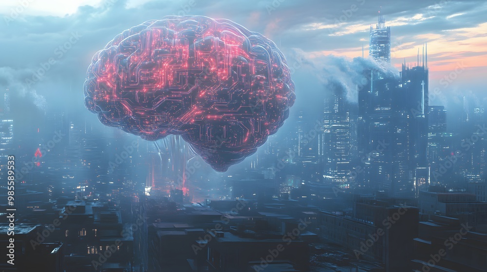 Poster An illustration of a giant AI brain made of circuits hovering over a city, with data streams flowing from it, creating a visually exciting but fear-inducing atmosphere.