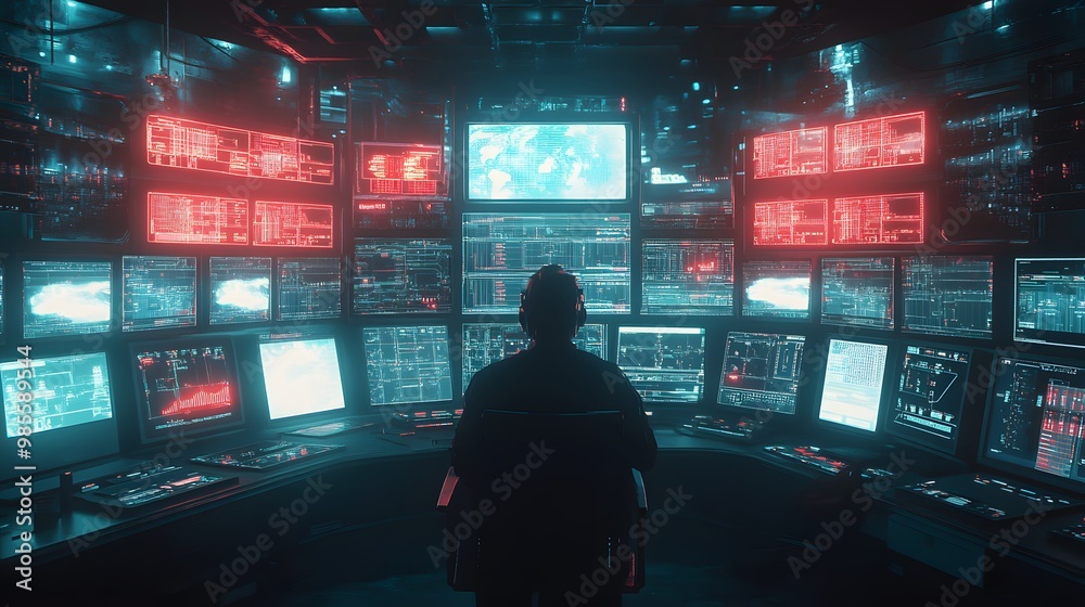 Poster A dimly lit control room filled with AI systems, as a figure watches screens displaying flashing red warnings, capturing both the excitement and fear of technology taking control.