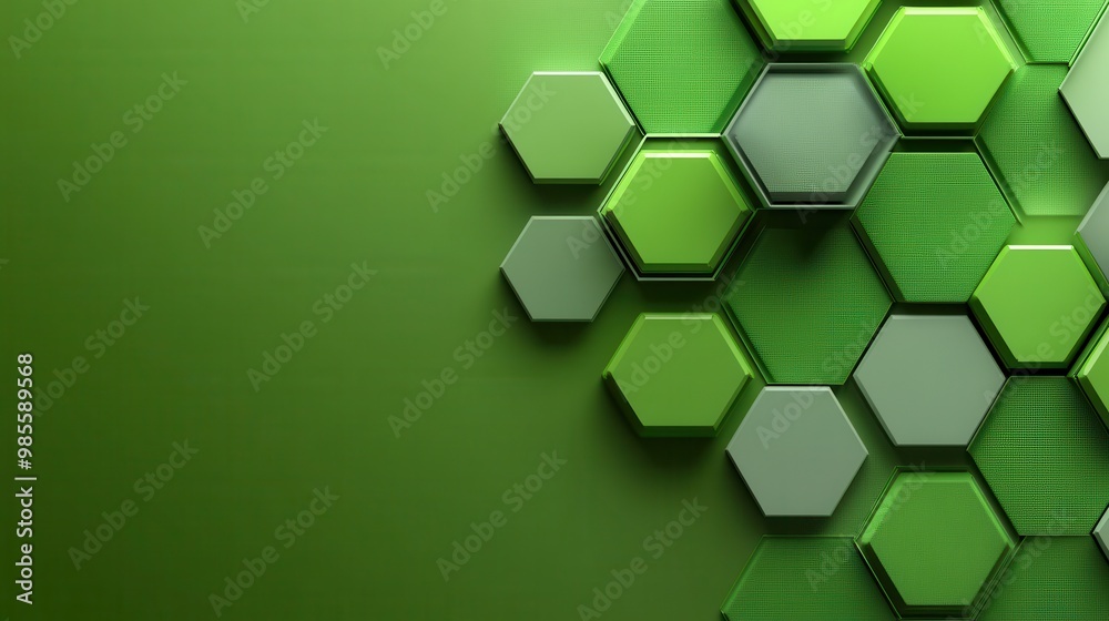 Poster geometric green pattern background with hexagonal shapes in varying green tones, creating a modern a