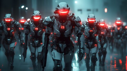 An AI-powered robot army marching through an urban setting, with ominous glowing lights from their helmets and weapons, evoking fear and thrill.