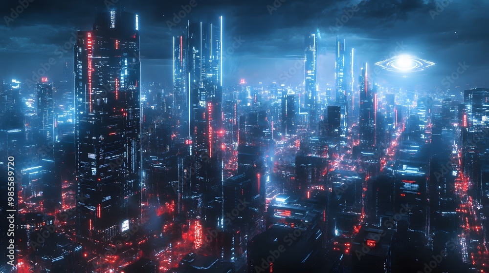 Aufkleber A futuristic city illuminated by glowing AI data streams, with an ominous AI eye watching over, creating an exciting yet fearful mood.