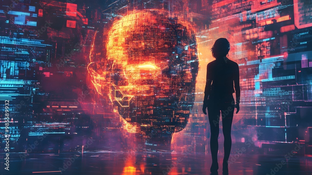 Poster A photo of a human standing before a giant AI interface, overwhelmed by its glowing data and the sense of impending danger, creating a mood of fear and excitement.