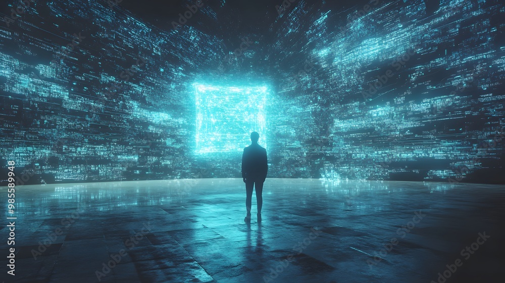 Poster A photo of a human standing before a giant AI interface, overwhelmed by its glowing data and the sense of impending danger, creating a mood of fear and excitement.