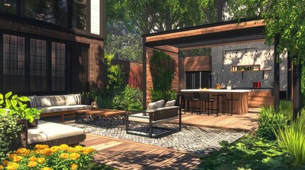 Fototapeta premium With seating and a kitchen, this modern back patio offers a garden and backyard complete with a garden.
