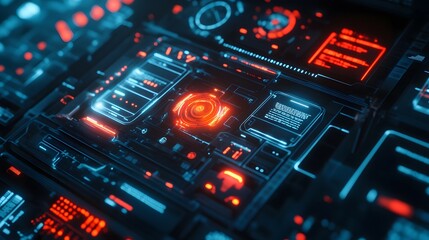 A close-up of an AI interface on a computer screen, with flashing red alerts and cryptic symbols, creating a sense of fearful excitement.
