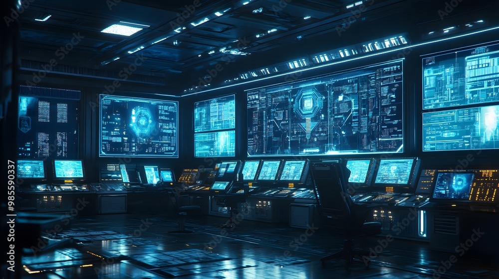 Poster A photo of a futuristic control room with AI systems managing a crisis, the glowing screens and tense atmosphere creating both excitement and fear.