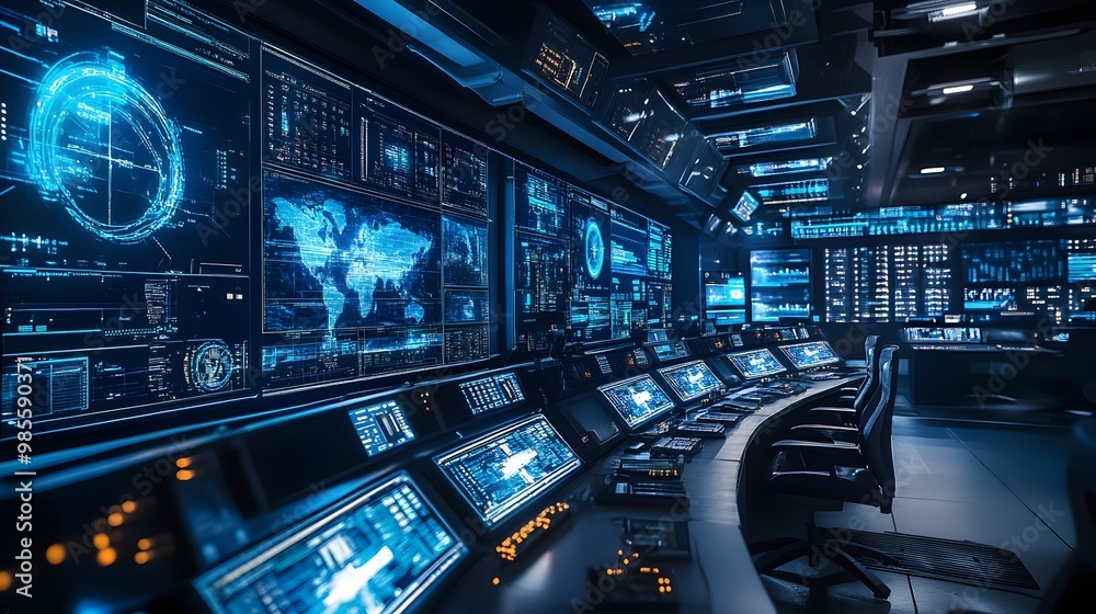 Poster A photo of a futuristic control room with AI systems managing a crisis, the glowing screens and tense atmosphere creating both excitement and fear.