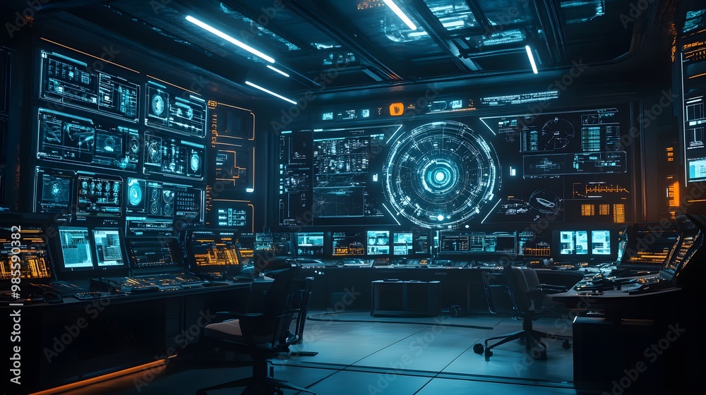 Poster A photo of a futuristic control room with AI systems managing a crisis, the glowing screens and tense atmosphere creating both excitement and fear.