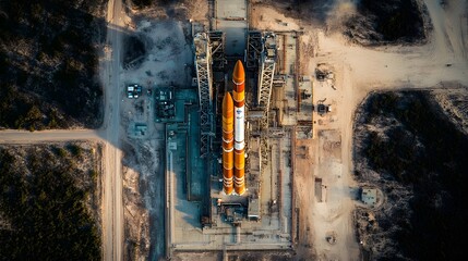 Aerial view of a spaceport with rockets preparing for launch