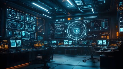 Fototapeta premium A photo of a futuristic control room with AI systems managing a crisis, the glowing screens and tense atmosphere creating both excitement and fear.