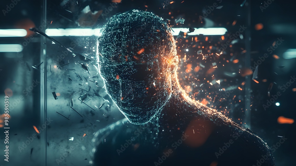 Poster a humanoid ai breaking through a glass wall in a dark lab, its glowing circuits visible through the 