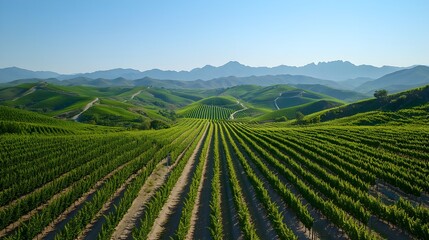 Fototapeta premium Drone shot of a modern vineyard, perfectly organized rows of grapevines, with irrigation lines visible on the sloping hillsides under a clear blue sky