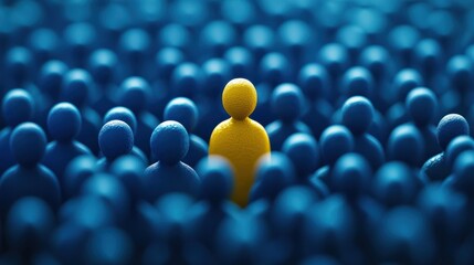 Yellow figure distinct among blue crowd, representing the concept of finding the right person in HR, business strategy, and organizational psychology