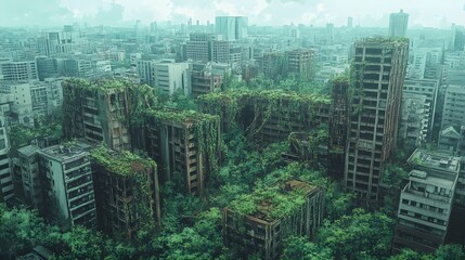 Birds-eye view of a crumbled city overtaken by trees, vines creeping across abandoned buildings, vibrant green foliage, muted gray urban ruins, watercolor style, dystopian atmosphere